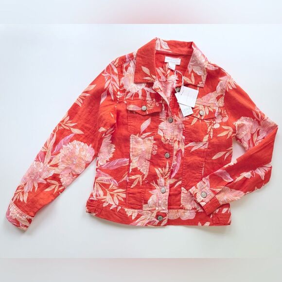 NWT Cynthia Rowley Linen Jacket in Tangerine Orange w/ Pink Floral Print S - Picture 2 of 9
